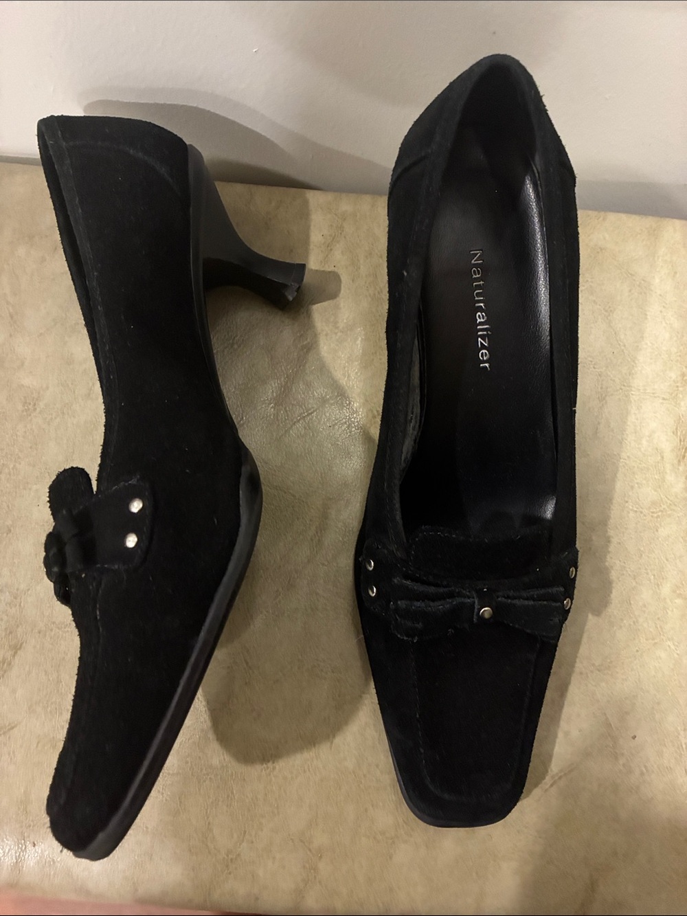 Naturalizer Black Suede Square Toe Heels with Bow Accent